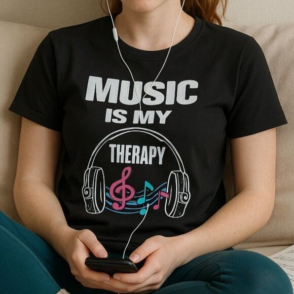 Music Is My Therapy T Shirt Size S Black Graphic Tee Headphones Treble Clef Note - Picture 12 of 12